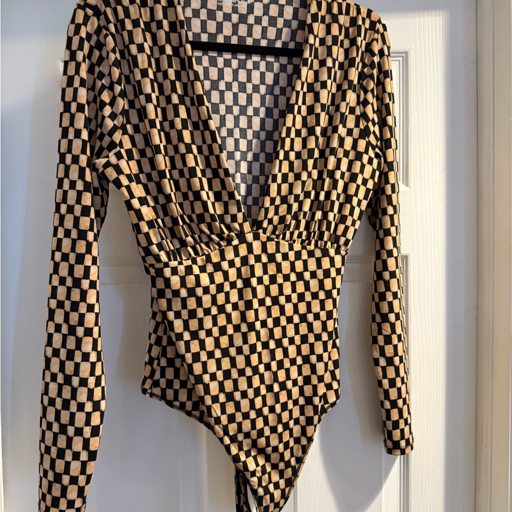 Checkered Long Sleeve Bodysuit - Black and Tan